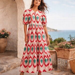 Oliphant Odisha Ikat Puff Sleeve Maxi Dress Coral Teal Ivory Size XS NWT